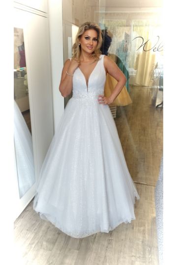 Dámské svatební bílé dlouhé šaty PAMELA na ramínka značky BIALA SUKNIA