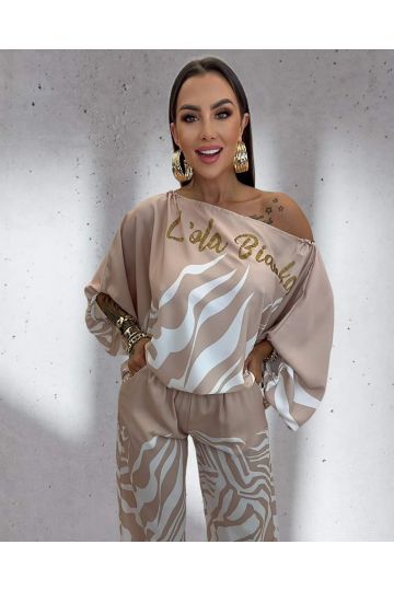 Dámský letní stylový růžový a béžový komplet halenky a kalhot Dream značky Lola Bianka