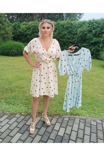 Dámské letní šaty Evie v modré, žluté, bílé a tyrkysové barvě s potiskem jahůdek