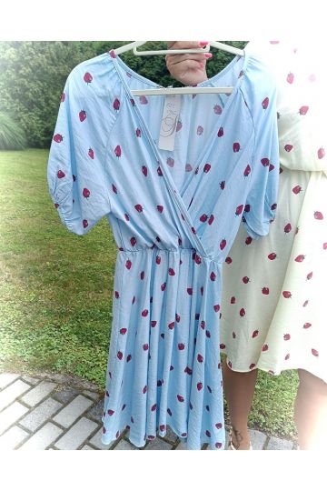 Dámské letní šaty Evie v modré, žluté, bílé a tyrkysové barvě s potiskem jahůdek