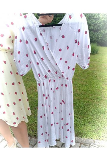 Dámské letní šaty Evie v modré, žluté, bílé a tyrkysové barvě s potiskem jahůdek