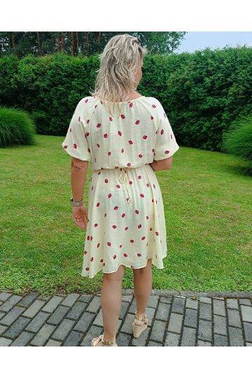 Dámské letní šaty Evie v modré, žluté, bílé a tyrkysové barvě s potiskem jahůdek