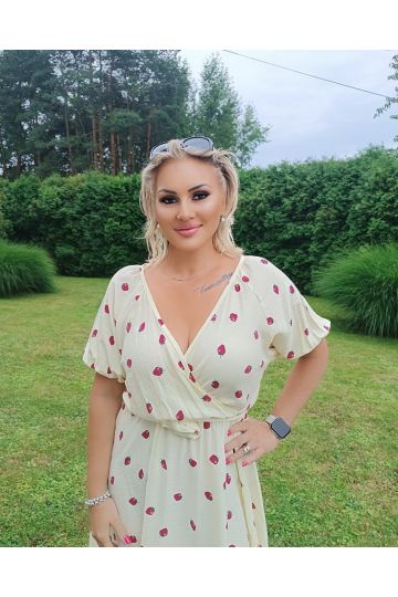 Dámské letní šaty Evie v modré, žluté, bílé a tyrkysové barvě s potiskem jahůdek