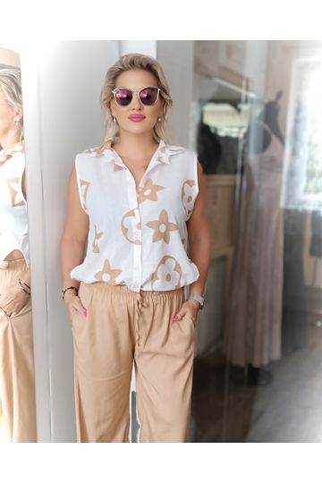 Dámská stylová bílá košile bez rukávů s hnědým potiskem Lexi
