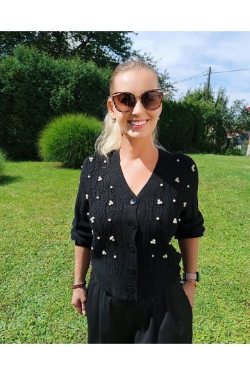 Dámský hebký svetr na propínání v modré, černé a světle béžové barvě s našitými perličkami Ayra