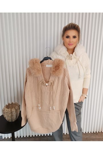 Dámský luxusní svetr s kožešinou na kapuci Hannele