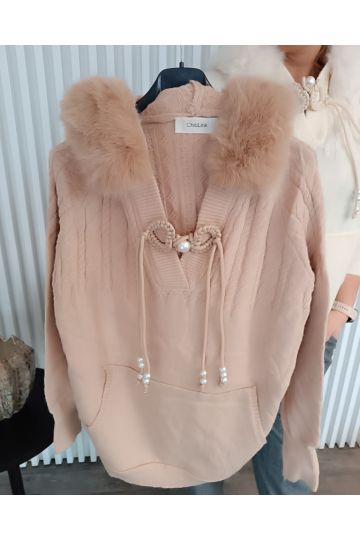 Dámský luxusní svetr s kožešinou na kapuci Hannele