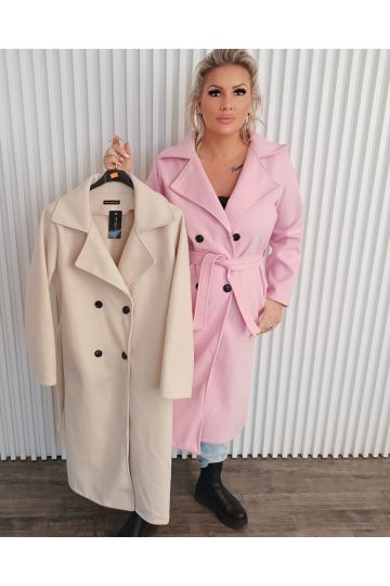 Dámský elegantní dlouhý kabát Rozie v růžové s béžové barvě
