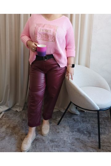 Dámské pogumované kalhoty  Adri ve vínové barvě s opaskem