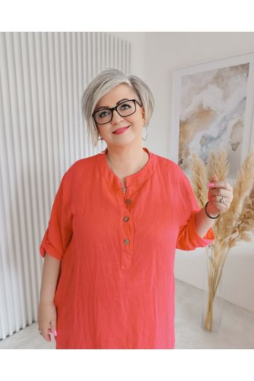 Dámské lněné dlouhé oversize šaty Siska i pro dámy s větší velikostí v korálové barvě