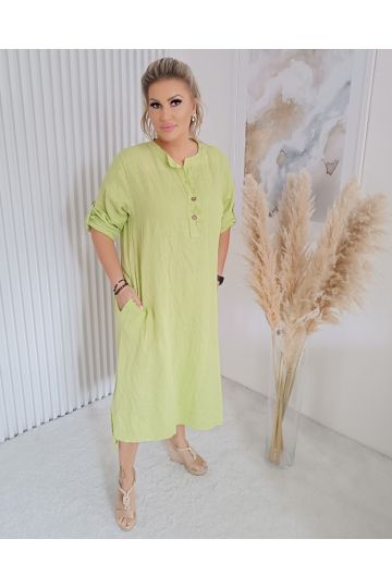 Dámské lněné dlouhé oversize šaty Siska i pro dámy s větší velikostí v zelené barvě