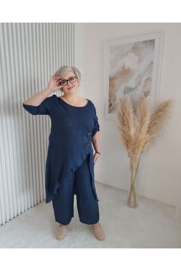 Dámský luxusní lněný komplet Sára v tmavě modré barvě