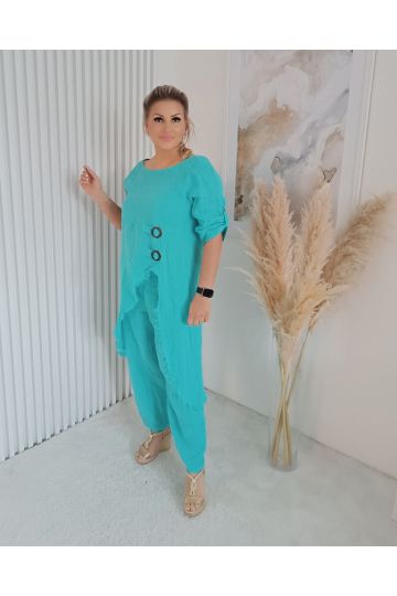Dámský luxusní lněný komplet Sára v tyrkysové barvě