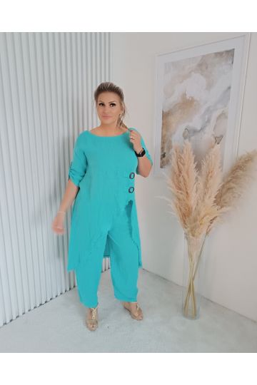 Dámský luxusní lněný komplet Sára v tyrkysové barvě