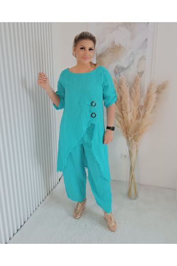 Dámský luxusní lněný komplet Sára v tyrkysové barvě