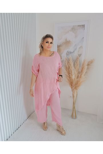 Dámský luxusní lněný komplet Sára v růžové barvě