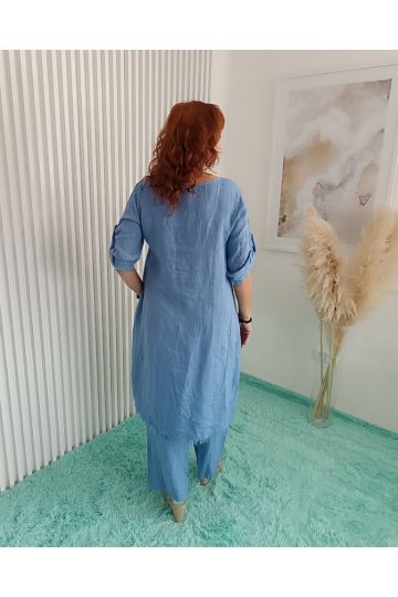 Dámský luxusní lněný komplet Tea v modré barvě