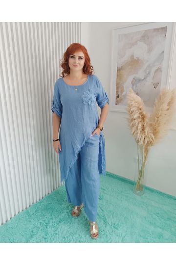 Dámský luxusní lněný komplet Tea v modré barvě
