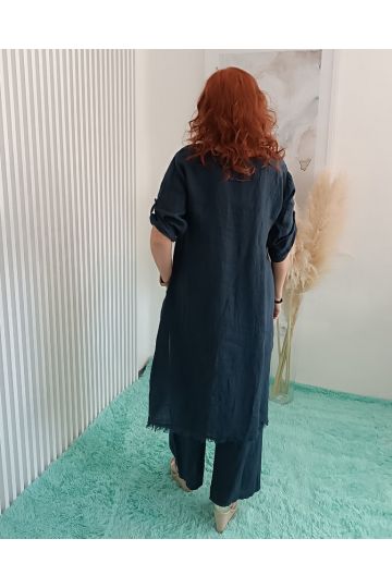 Dámský luxusní lněný komplet Tea v tmavě modré barvě