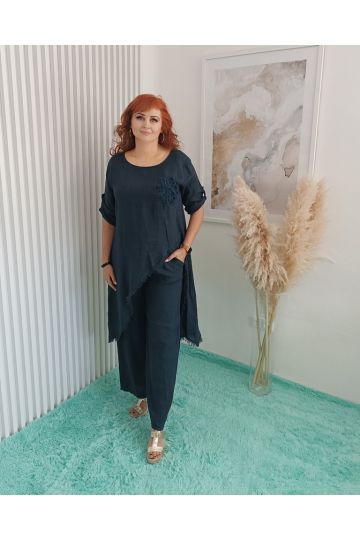 Dámský luxusní lněný komplet Tea v tmavě modré barvě