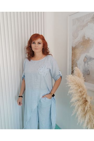 Dámský luxusní lněný komplet Tea ve světle modré barvě