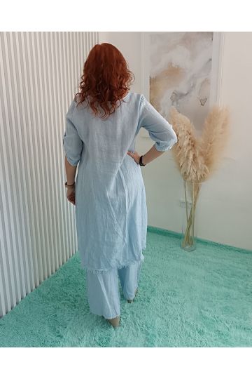 Dámský luxusní lněný komplet Tea ve světle modré barvě