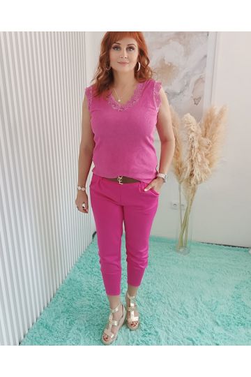 Dámské elastické kalhoty Fanny ve fuchsiové barvě s opaskem