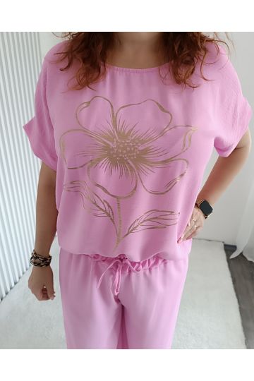 Dámský růžový komplet halenky a kalhot Diones