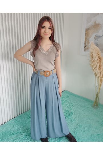 Dámské široké modré kalhoty s opaskem Nicol