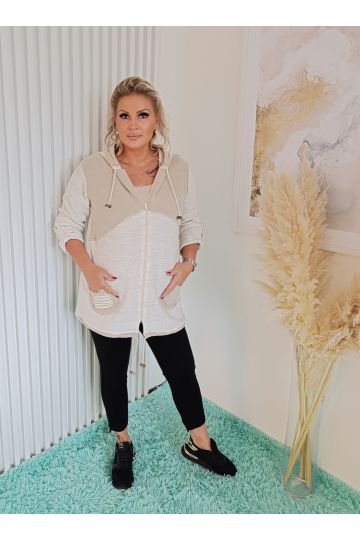 Dámská oversize pletená mikina s kapucí - přírodní béžovo-krémová Sarah, italského stylu