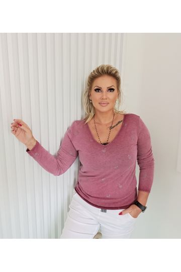 Dámské elegantní jemný růžový svetřík Mona s výstřihem, potiskem plameňáků a ombre efektem, italského stylu