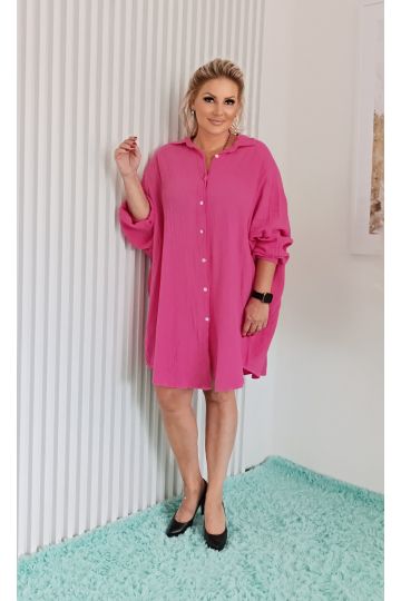 Dámská mušelínová košile/šaty JULIE sytě růžová, dlouhý netopýří rukáv, propínací, italského stylu
