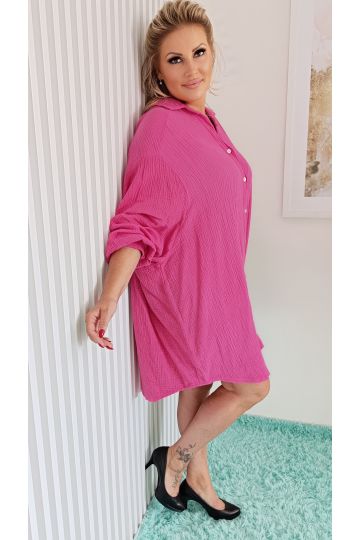 Dámská mušelínová košile/šaty JULIE sytě růžová, dlouhý netopýří rukáv, propínací, italského stylu