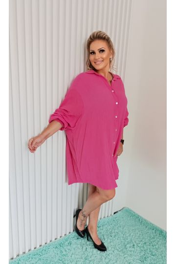 Dámská mušelínová košile/šaty JULIE sytě růžová, dlouhý netopýří rukáv, propínací, italského stylu