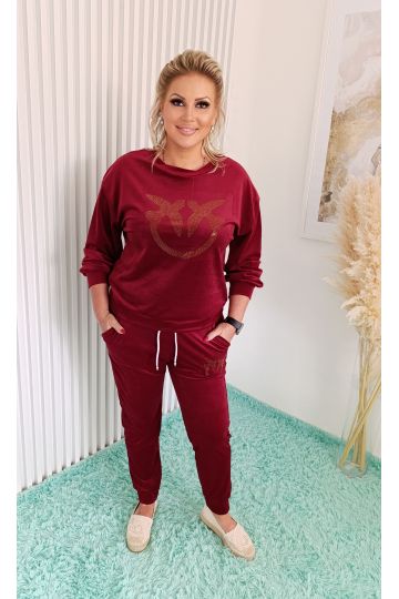 Dámská tepláková souprava Nelly, měkký samet, vínová barva a zlaté detaily, italského stylu