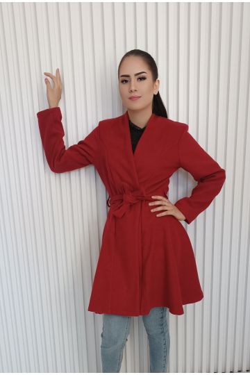 Dámský lehký flaušový kabát Aria na zavazování v elegantní červené barvě, italského stylu