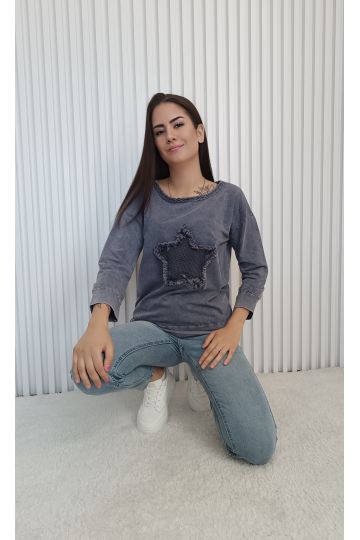 Dámská mikina Lady se sepraným efektem a hvězdným detailem, moderní italský styl s netradičním dekoltem