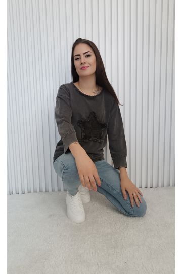 Dámská mikina Lady se sepraným efektem a hvězdným detailem, moderní italský styl s netradičním dekoltem
