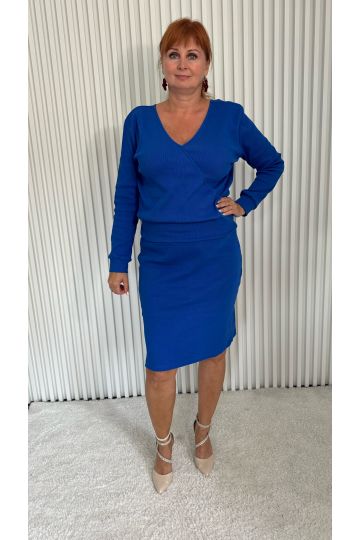 Dámský komplet sukně a halenky Leona v modré a šedé barvě, pohodlného italského stylu