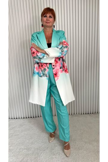 Dámský luxusní elegantní kalhotový kostým Valérie pro dámy s větší velikostí v černé a mentolové barvě