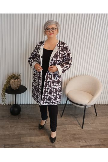 Dámský dlouhý lehký přechodový černobílý kabát Helios