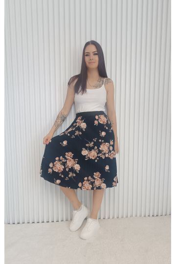 Dámská plisovaná midi sukně Adéla s květinovým potiskem, tmavě modré a černé barvy