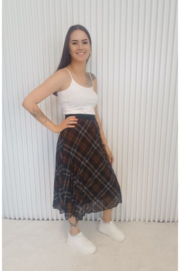 Dámská plisovaná midi sukně Kamila v kostkovaném vzoru,hnědo-černá