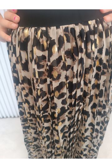 Dámská stylová plisovaná sukně Ivona s leopardím vzorem doplněná o zlatý metalický potisk