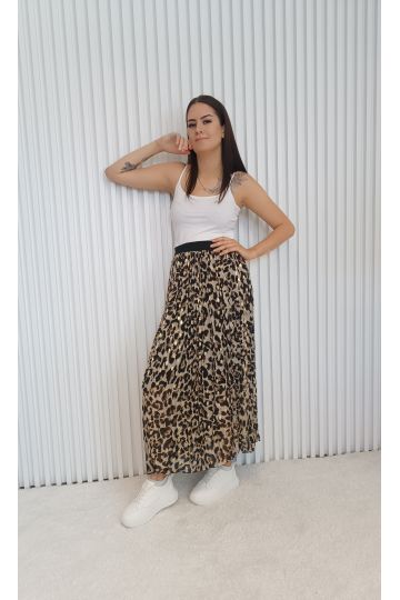 Dámská stylová plisovaná sukně Ivona s leopardím vzorem doplněná o zlatý metalický potisk