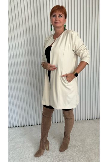 Dámské prodloužené elegantní sako Lizzie bez límce s kapsami a kovovým zapínáním