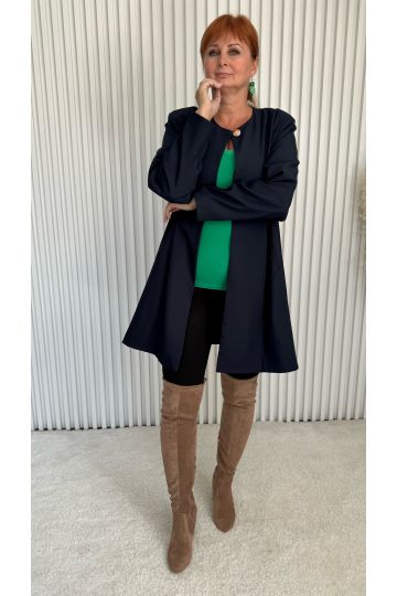 Dámské prodloužené elegantní sako Lizzie bez límce s kapsami a kovovým zapínáním