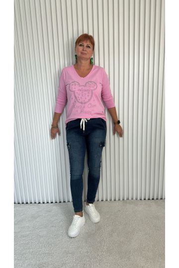 Dámské růžové tričko Mikey s potiskem „Keep Calm Happy“ a Mickey motivem