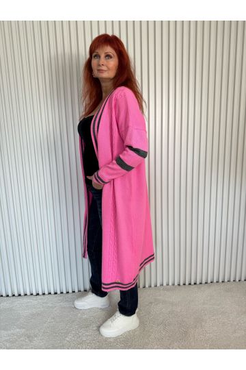 Dlouhý dámský růžový kardigan Sarah se šedými pruhy