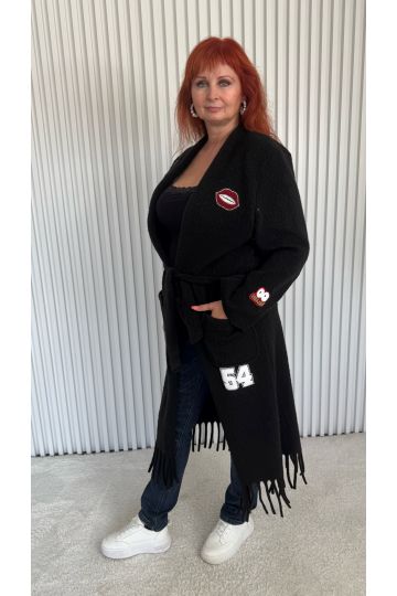 Dlouhý černý kabátový svetr Lilien s třásněmi a výšivkami, originální styl, zavazování v pase